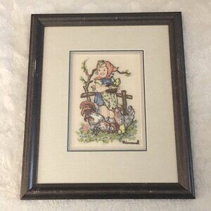 Vintage Hummel Needlework Girl Feeding Chickens Fowls 3-D Embroidery Framed